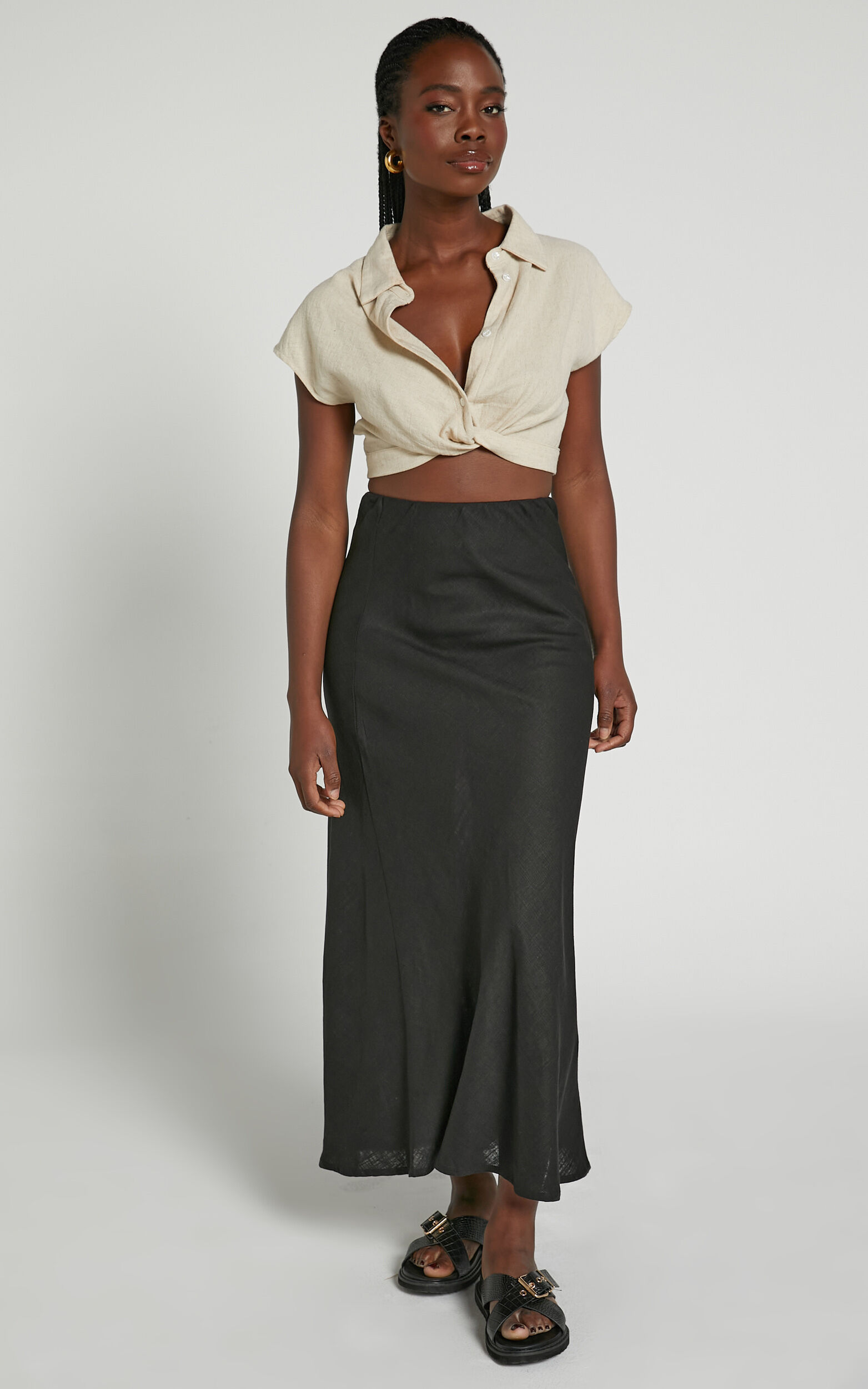 Satin Midi Slip Skirt With Linen Top for A Comfortable Look