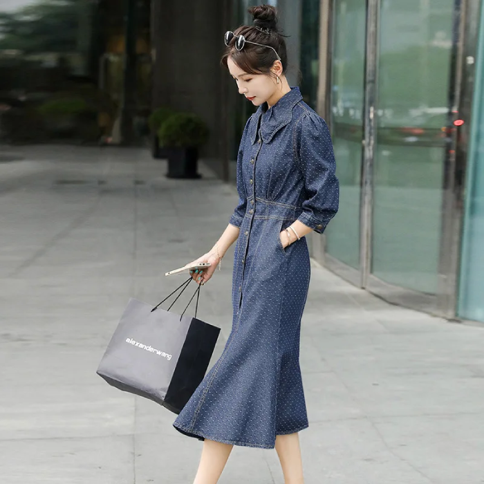 Denim dress with high collar