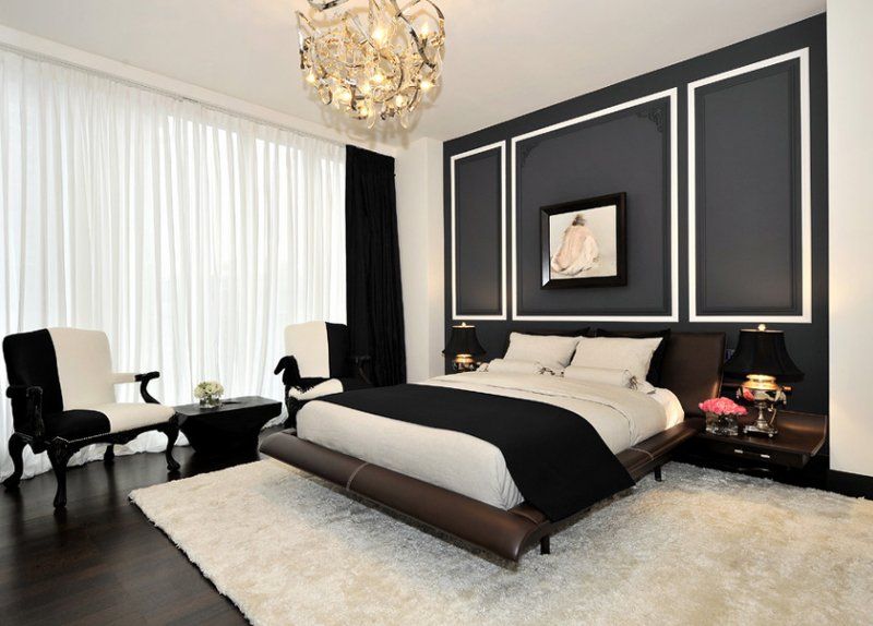 Use Long Curtains for Black Accent Wall Bedroom with Window