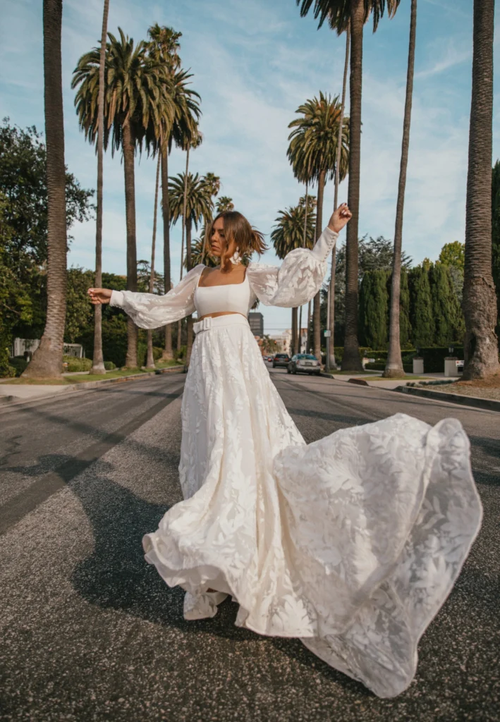 White Bridal Two Piece Dress With Long Sleeve