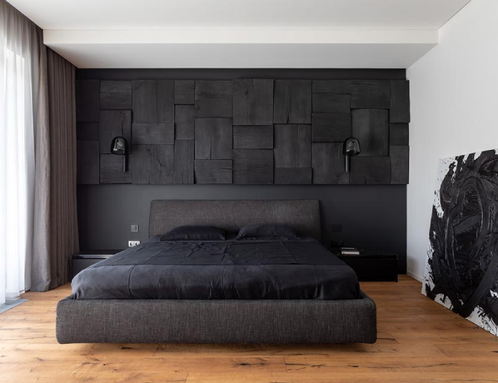 modern black accent wall bedroom