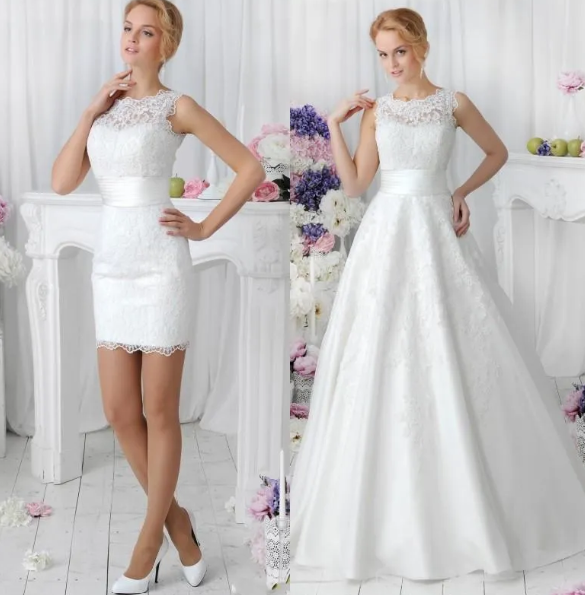 Short wedding dress with removable skirt